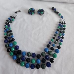Vintage Elegant Multicolor Beaded Necklace and Earring Set Retro Germany